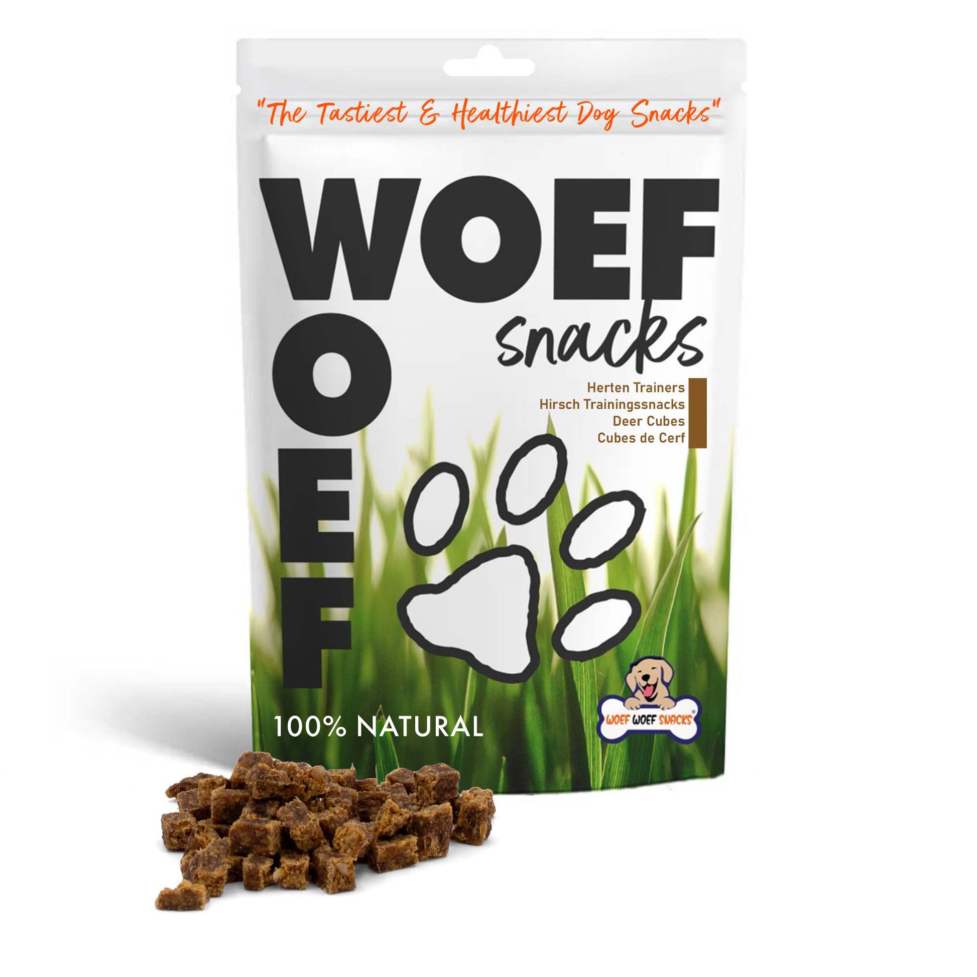 Natuurlijke herten trainers hondensnacks met op de achtergrond de verpakking van het merk Woef Woef Snacks.