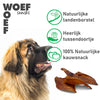 Een Leonberger op de foto die naar drie iconen kijkt. Bij het eerste icoon staat dat de varkensoren een natuurlijke tandenborstel zijn. Bij het tweede icoon staat dat de snack er heerlijk voor er tussendoor is, en bij het derde icoon staat dat het een 100% natuurlijke kauwsnack is.