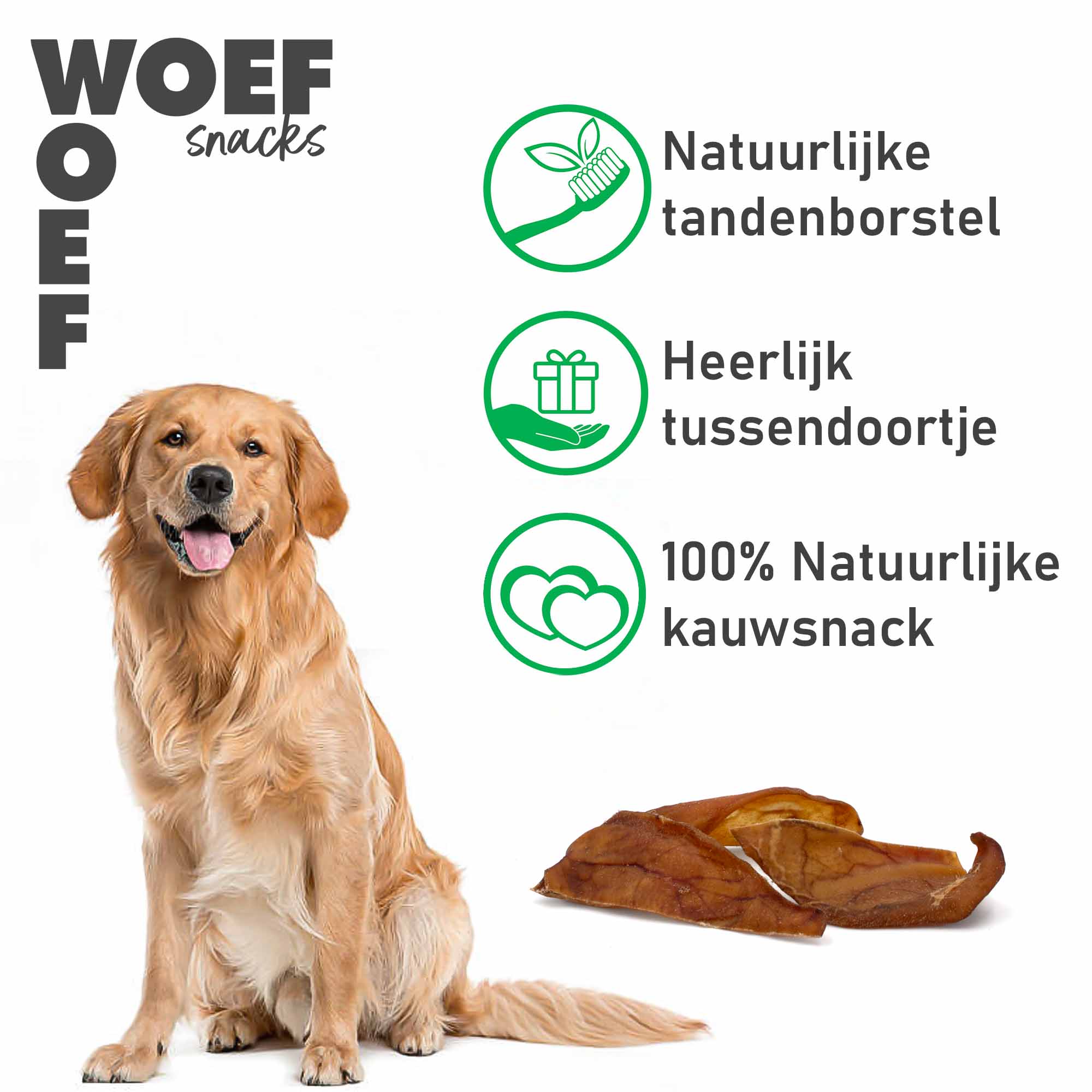 Australian sheppard hond met drie iconen. Bij het eerste icoon staat dat de snack als een natuurlijke tandenborstel werkt. Bij het tweede icoon staat dat het heerlijk is voor er tussendoor. Bij het derde icoon staat de het een 100% natuurlijke kauwsnack is. 