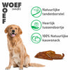 Australian sheppard hond met drie iconen. Bij het eerste icoon staat dat de snack als een natuurlijke tandenborstel werkt. Bij het tweede icoon staat dat het heerlijk is voor er tussendoor. Bij het derde icoon staat de het een 100% natuurlijke kauwsnack is. 