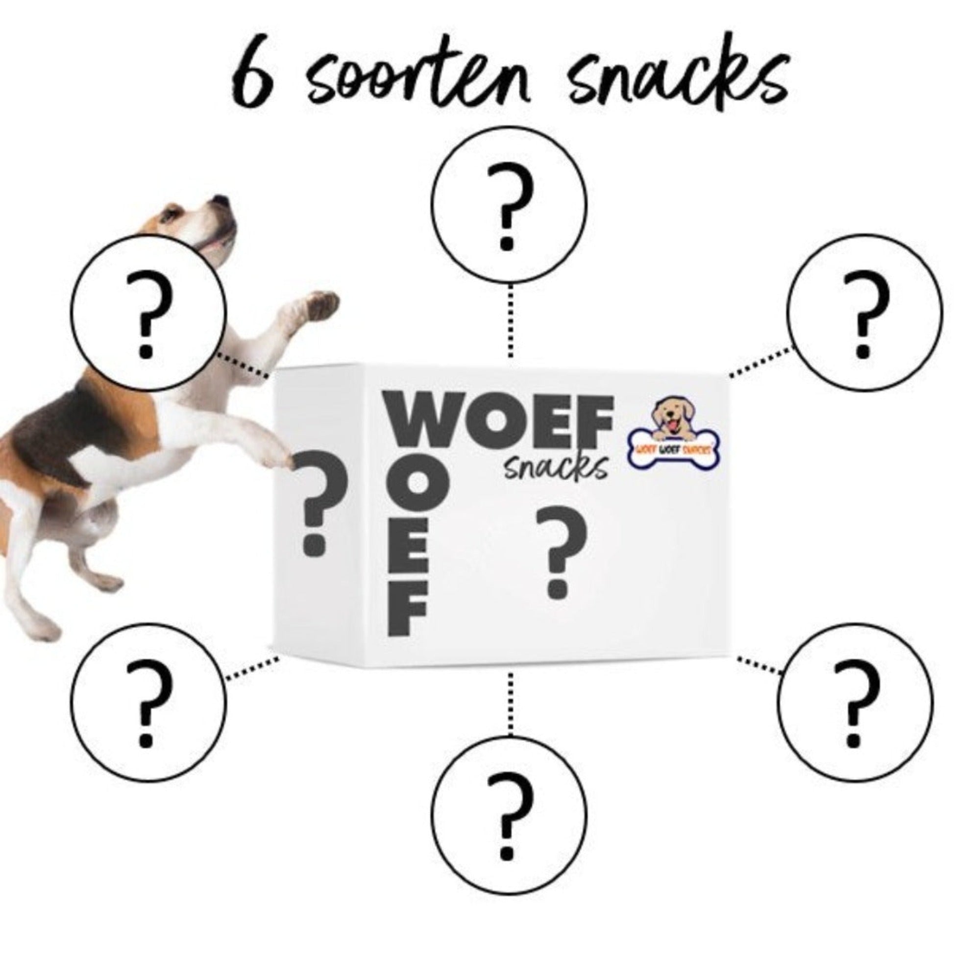 De snack box van Woef Woef Snacks met een blije beagle hond. Er staan 6 verschillende vraagtekens omheen omdat het een verrassing is welke snacks er in zitten.