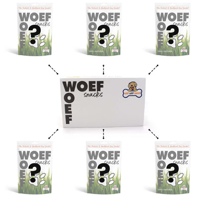 De snack box van Woef Woef Snacks met een blije beagle hond. Er staan 6 verschillende vraagtekens omheen omdat het een verrassing is welke snacks er in zitten.