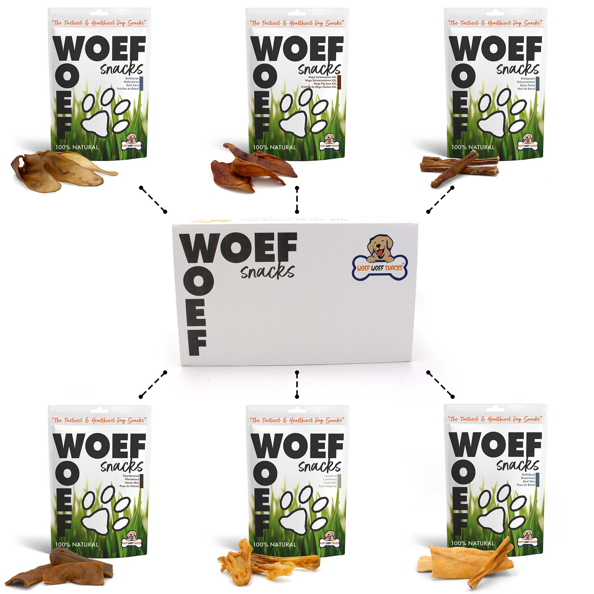 Snackbox met fotos van 6 verschillende snacks er omheen. De snacks zijn bullepezen, paardenkophuid, varkensoren, runderkophuid, buffeloren en bulllestaarten. 