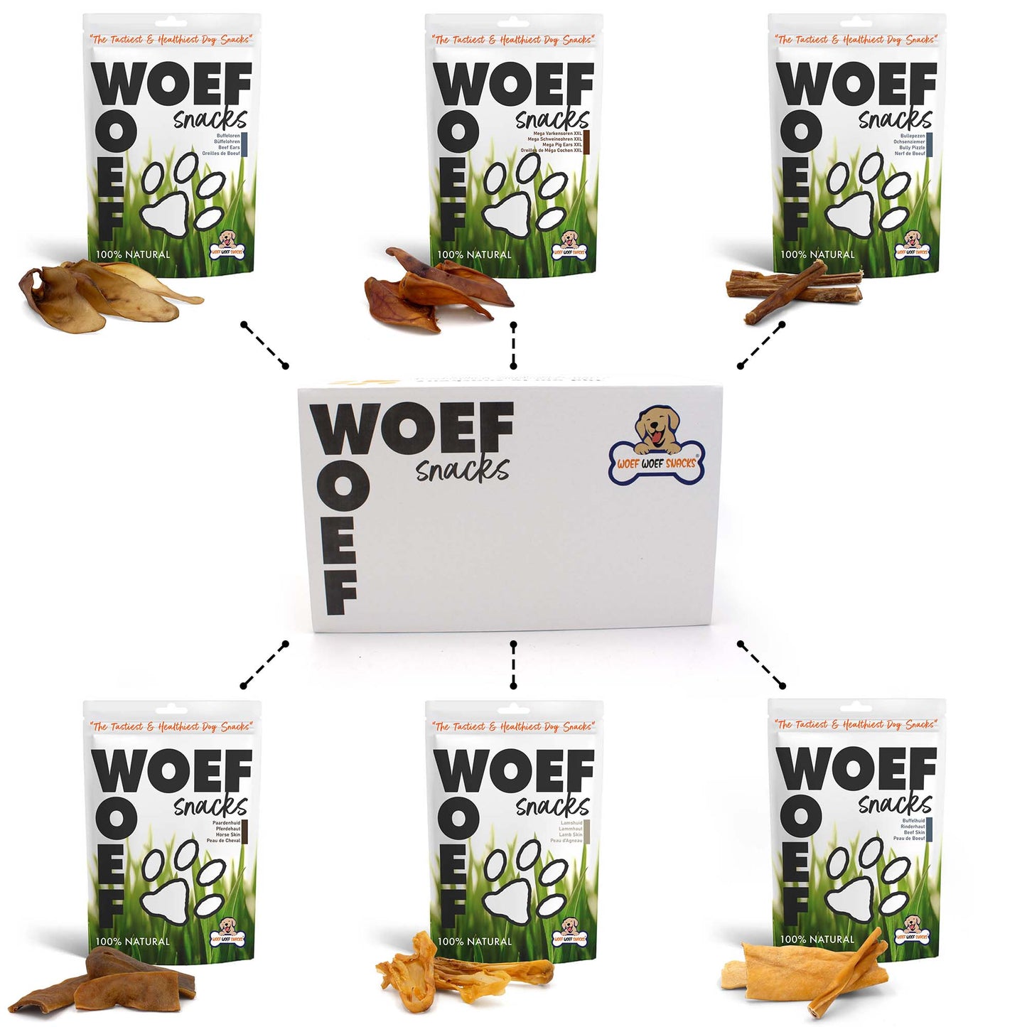 Snackbox met fotos van 6 verschillende snacks er omheen. De snacks zijn bullepezen, paardenkophuid, varkensoren, runderkophuid, buffeloren en bulllestaarten. 
