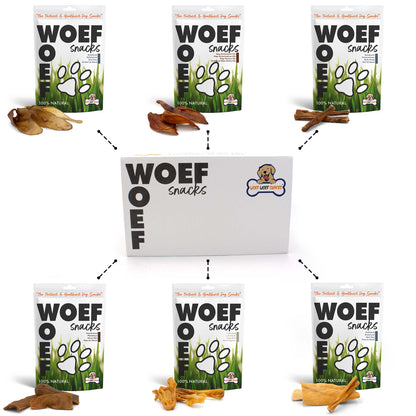 Snackbox met fotos van 6 verschillende snacks er omheen. De snacks zijn bullepezen, paardenkophuid, varkensoren, runderkophuid, buffeloren en bulllestaarten. 