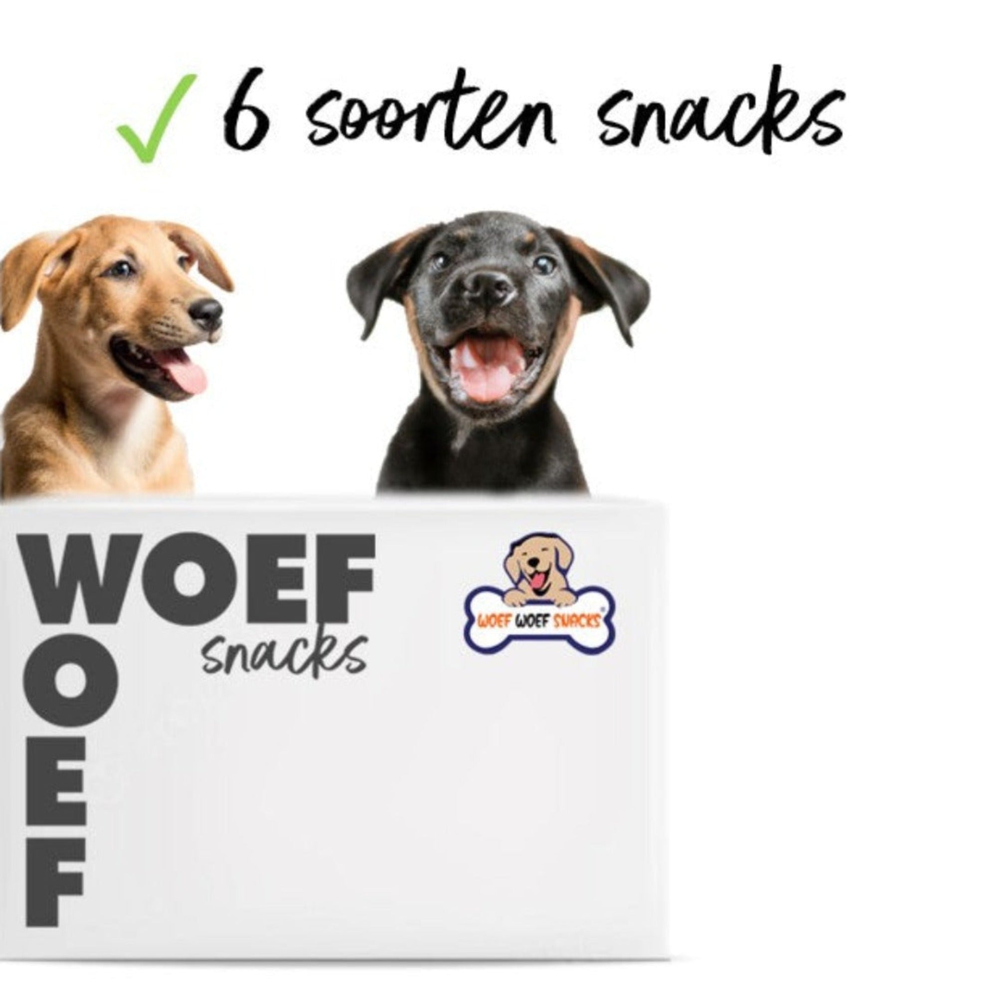 De doos van Woef Woef Snacks is te zien. Op de achtergrond twee puppy's. En er staat dat de snackbox 6 soorten snacks bevat.