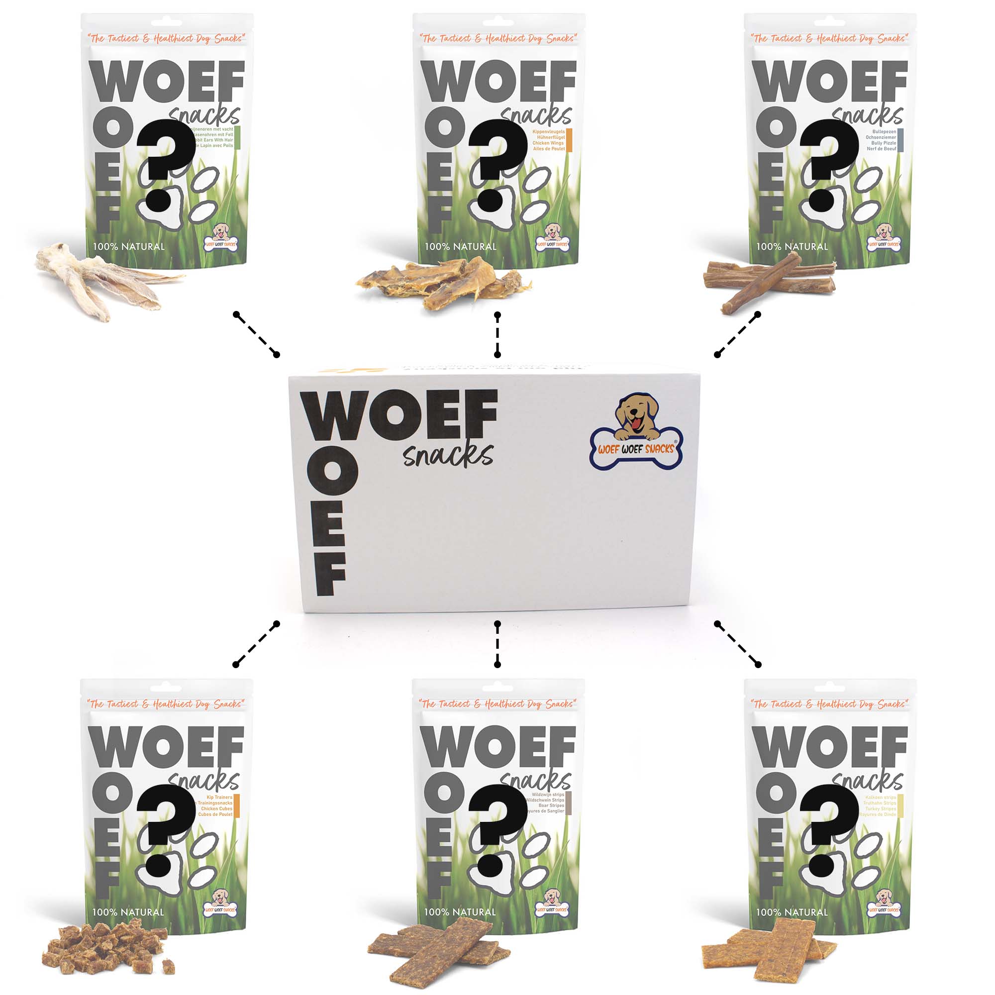Snackbox met zes verschillende snacks. Op deze foto staan konijnenoren met haar, bullepezen, kippenpoten, varkensoren, en runderkophuid.