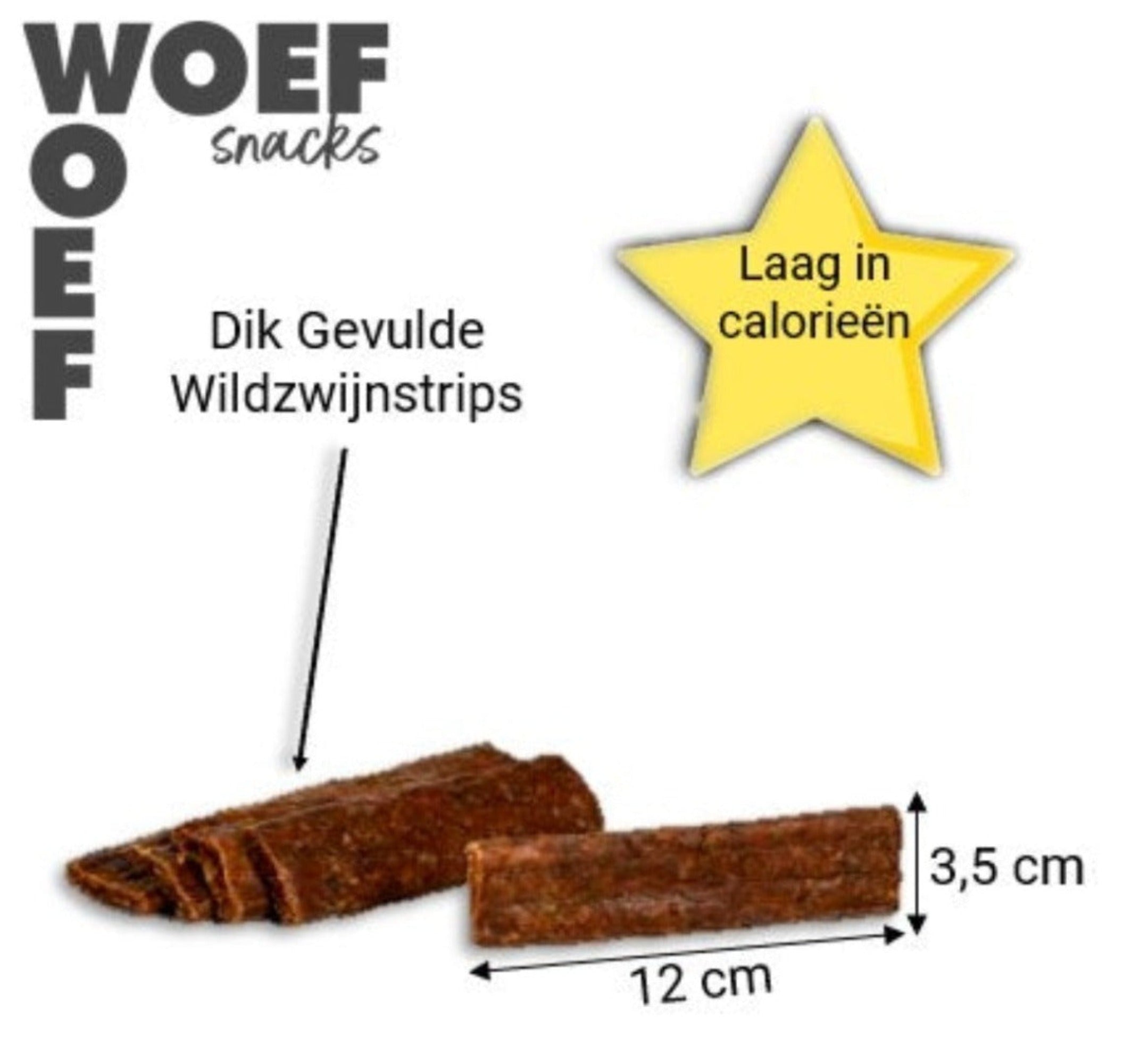 De wildzwijnstrips zijn dik gevuld. Ze zijn laat in calorieen. De lengte is 12 centimeter en de snacks is 3,5 centimeter breed.