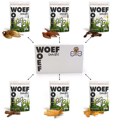 De Woef Woef Snackbox met zes verschillende snacks op de afbeelding. De natuurlijke snacks zijn bullepezen, lamskophuid, varkensoren, kabeljauw twisters, ossenstaarten en buffeloren.