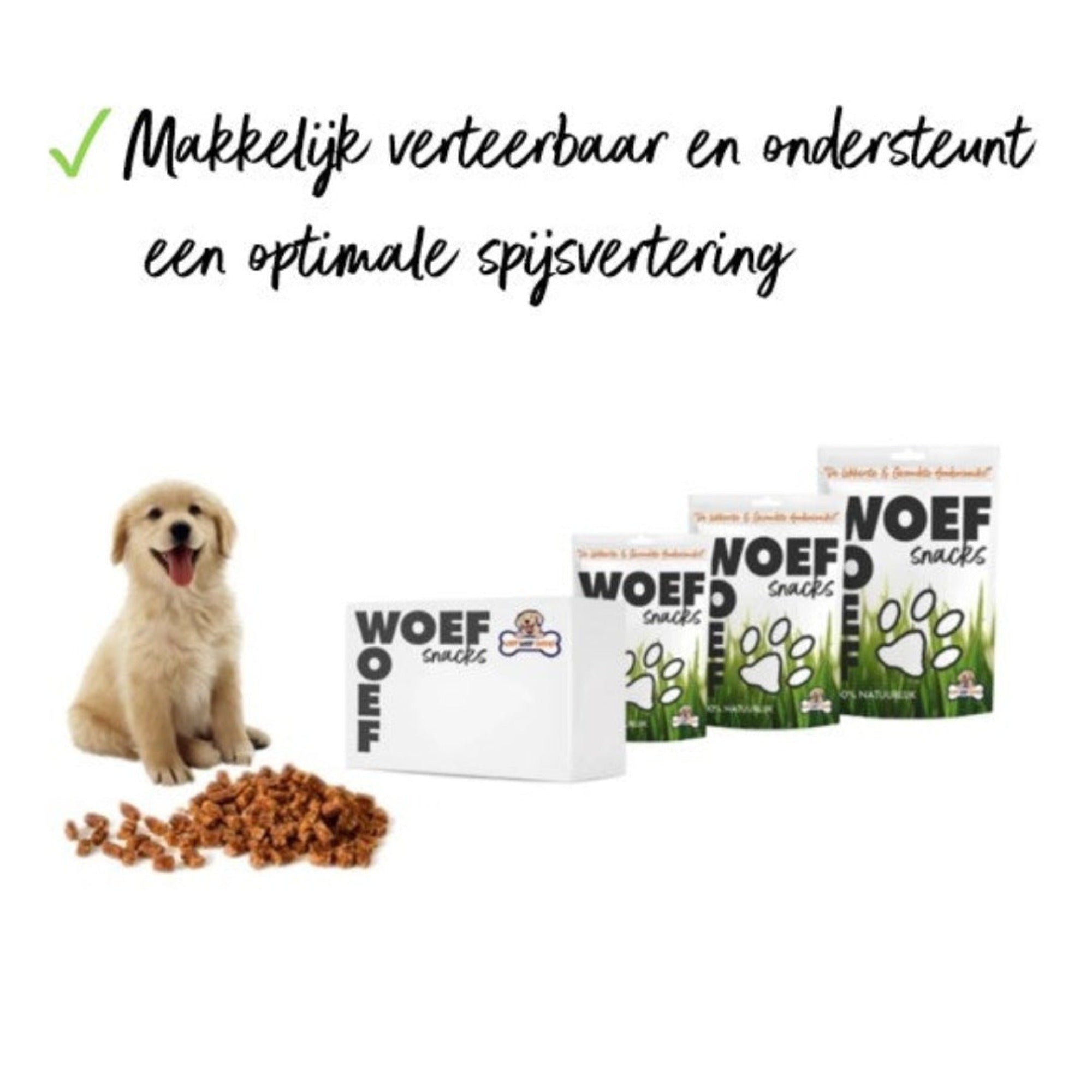 De snack box met een deel van de inhoud er van.  Dit is een honden box waarvan de snacks makkelijk verteerbaar zijn en het ondersteunt een optimale spijsvertering. Links zien we een paar training snacks, en een golden retriever puppy.
