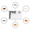 De Woef Woef Snackbox voor middelgrote honden. In de afbeelding zijn bullepezen, lamskophuid, varkensoren, kippenpoten, wildzwijnstrips en buffeloren.