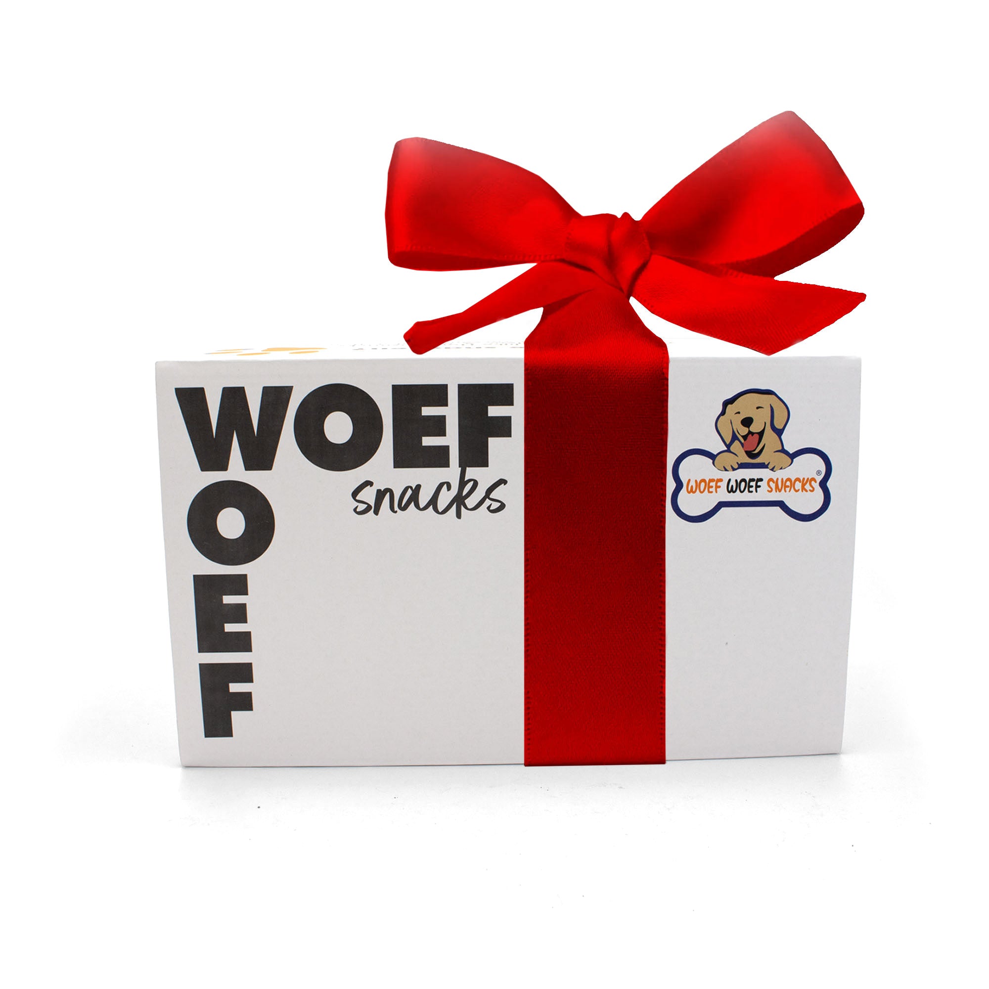 Cadeaubox van Woef Woef Snacks.  De doos bevat zes soorten snacks en is bestemd voor alle honden.