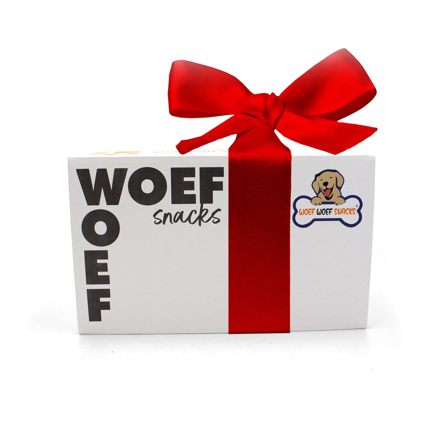 Cadeaubox van Woef Woef Snacks.  De doos bevat zes soorten snacks en is bestemd voor alle honden.