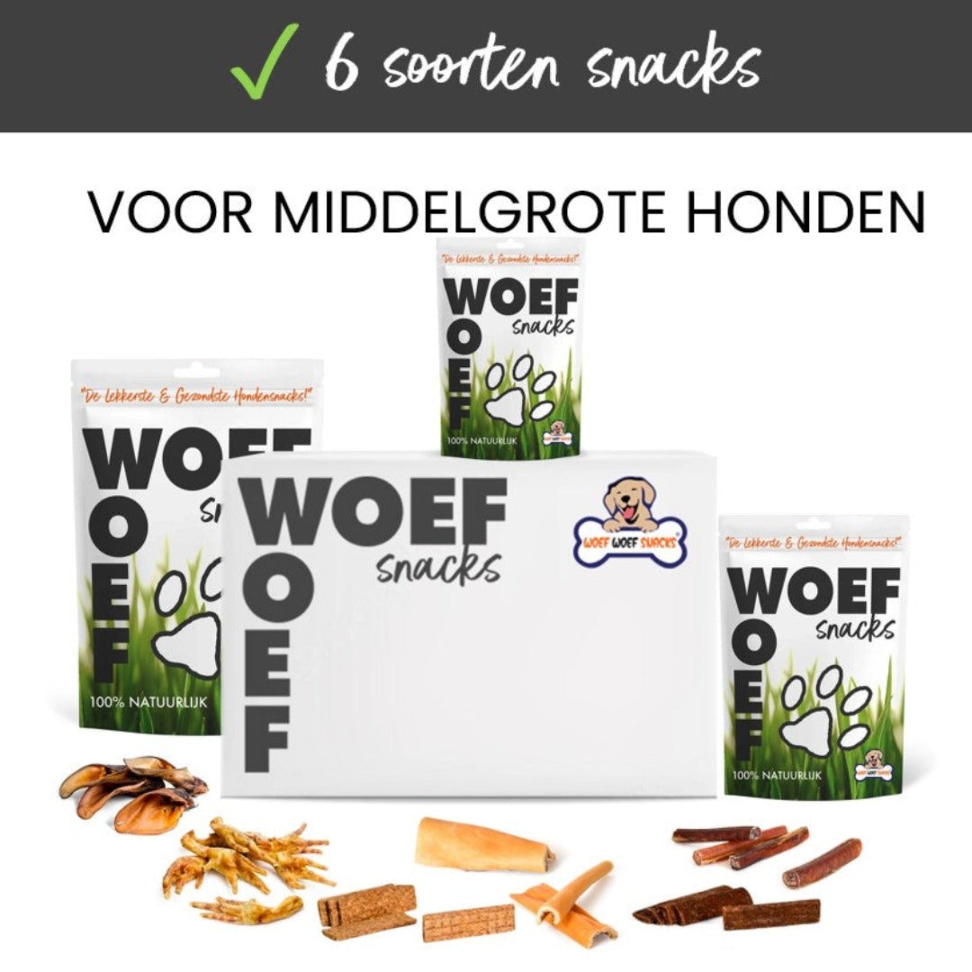 De Woef Woef Snackbox voor middelgrote honden. Het bevat 6 verschillende soorten snacks. Verder is in de afbeelding te de verpakking te zien en een aantal natuurlijke hondensnacks.