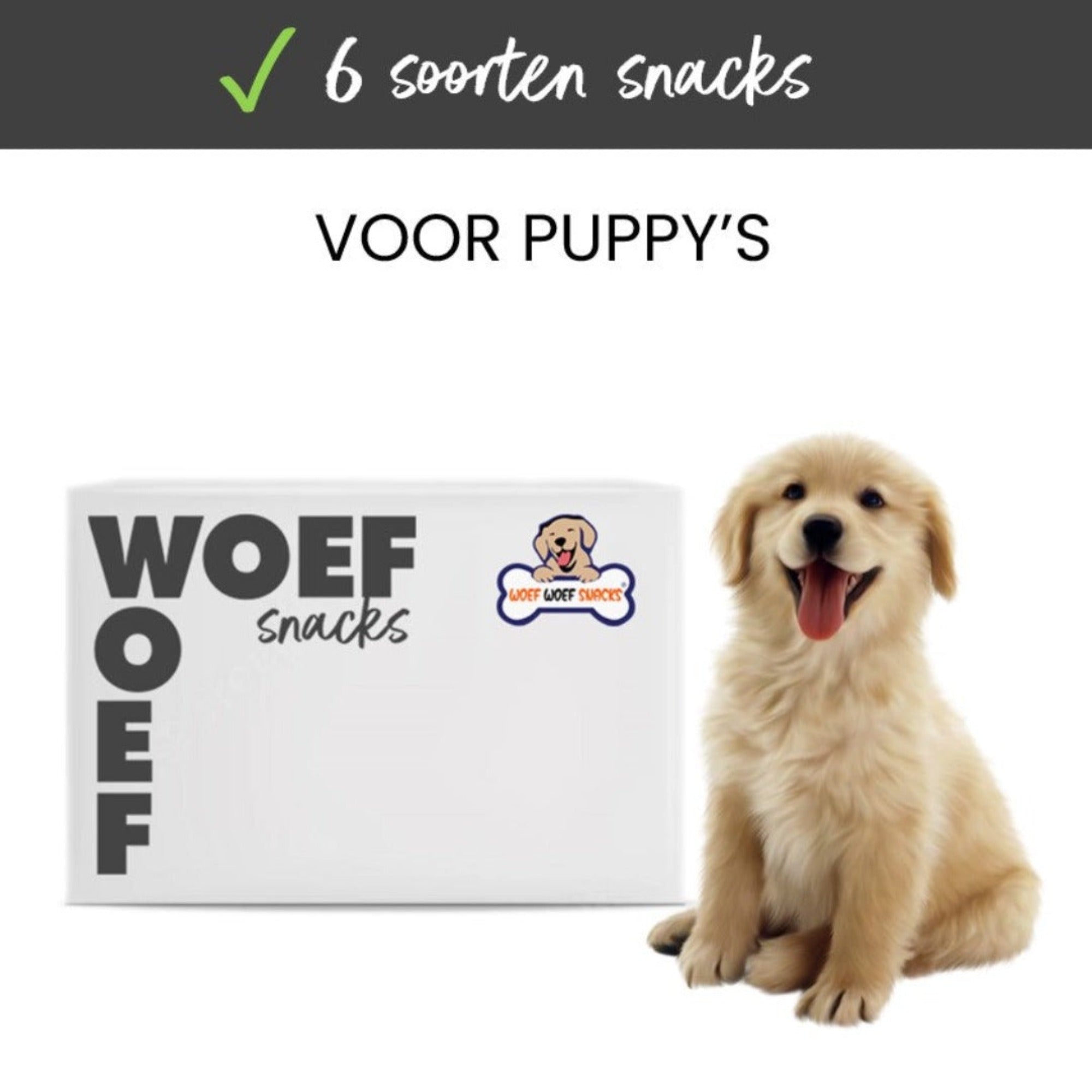 Puppy snack box. De doos van het merk Woef Woef Snacks is te zien. Daarnaast zit een blije golden retriever puppy. Verder staat er dat de doos 6 soorten snacks bevat. 